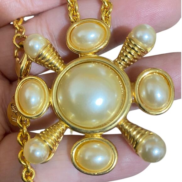 KJL Kenneth Jay Lane Faux Pearl Cross Brooch Necklace Bold Statement Boho Party